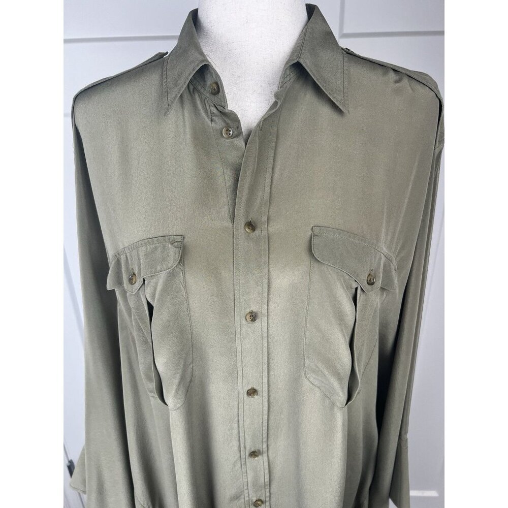 Polo Ralph Lauren 100% Silk Blouse Batwing Oversize Olive Green Asymmetrical M/L - Picture 6 of 11